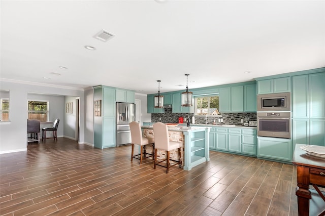 128 Legend Ln, Livingston, TX 77351 - kitchen featuring visible vents, appliances with stainless steel finishes, tasteful backsplash, open shelves, and light countertops