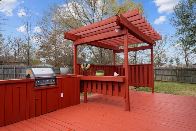 wooden terrace with a fenced backyard, grilling area, area for grilling, and a pergola