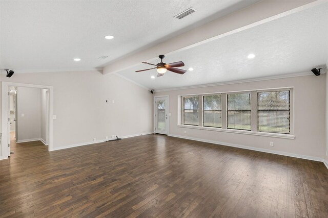 unfurnished living room featuring dark wood-style floors, visible vents, vaulted ceiling with beams, and baseboards