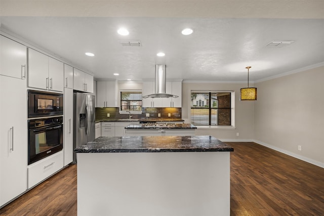 kitchen with visible vents, black appliances, white cabinetry, and island range hood