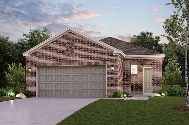 ranch-style home with a garage, concrete driveway, brick siding, and a lawn