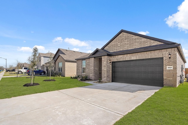 view of front of house featuring concrete driveway, an attached garage, brick siding, and a front lawn