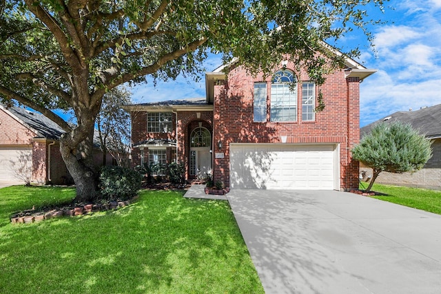 view of front facade with concrete driveway, brick siding, and a front lawn