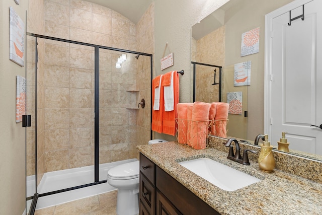 full bathroom featuring toilet, a stall shower, and vanity