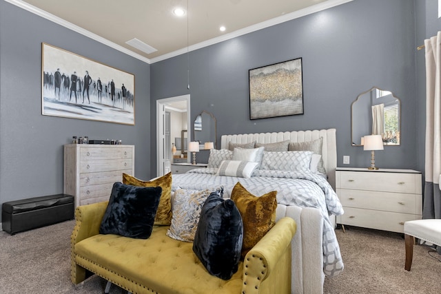 bedroom with light carpet, ornamental molding, and recessed lighting