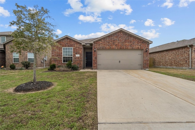 ranch-style home with a front lawn, brick siding, driveway, and an attached garage