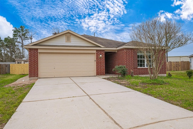 ranch-style house featuring driveway, an attached garage, fence, a front lawn, and brick siding