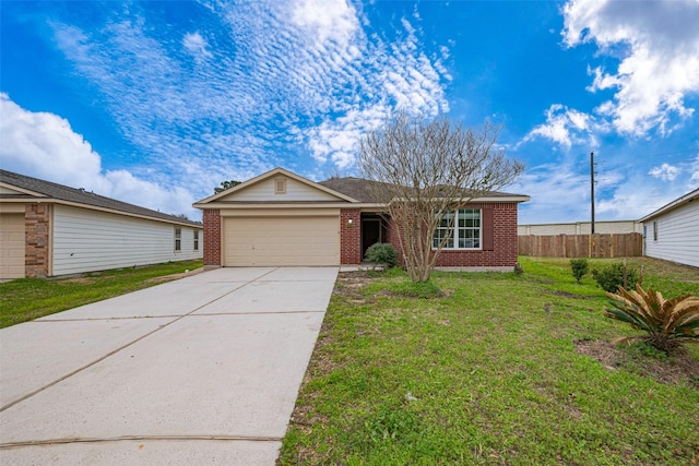 single story home with brick siding, concrete driveway, an attached garage, a front yard, and fence