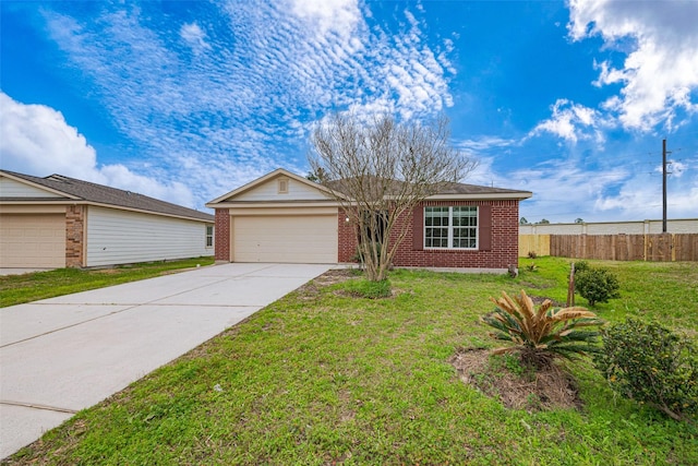 ranch-style house featuring brick siding, concrete driveway, a front yard, fence, and a garage