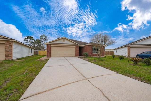 ranch-style home with an attached garage, brick siding, fence, driveway, and a front lawn