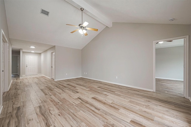 unfurnished room with light wood finished floors, visible vents, lofted ceiling with beams, ceiling fan, and baseboards