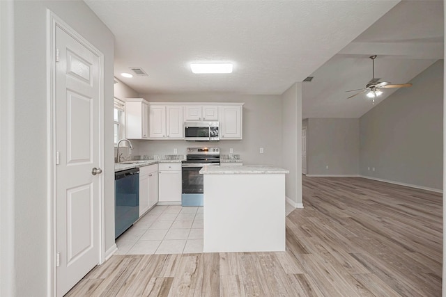 kitchen with visible vents, a kitchen island, stainless steel appliances, white cabinetry, and a sink