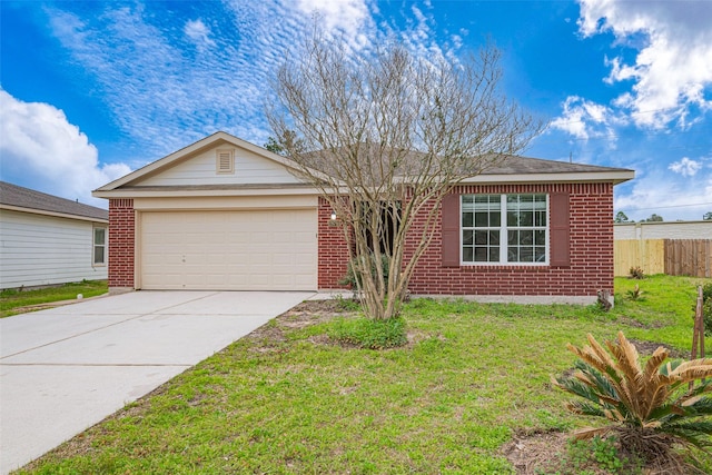 single story home featuring an attached garage, brick siding, fence, concrete driveway, and a front lawn