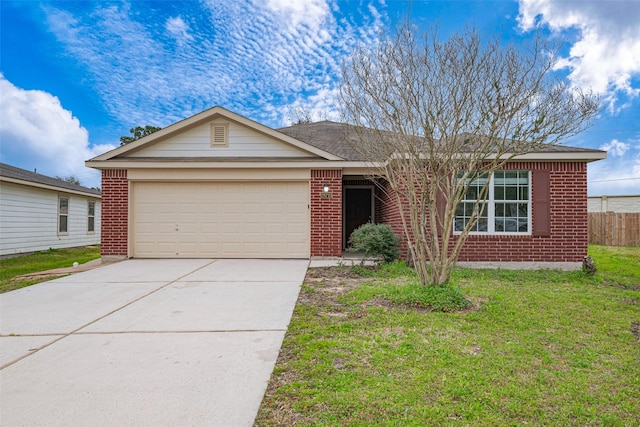 ranch-style home featuring brick siding, an attached garage, a front yard, fence, and driveway