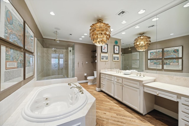 full bath featuring toilet, a sink, a shower stall, double vanity, and a tub with jets