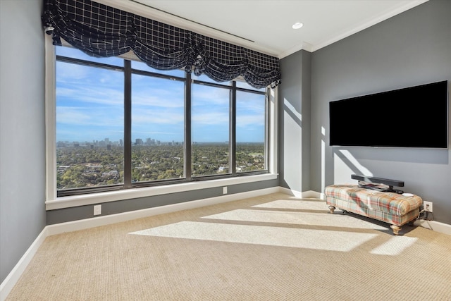 interior space with carpet flooring, crown molding, and baseboards