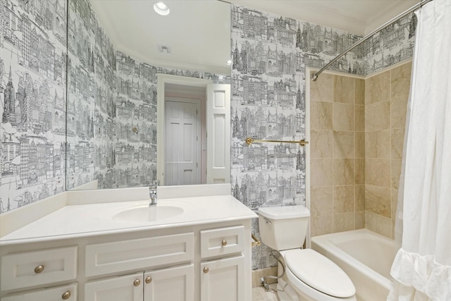 full bathroom featuring toilet, recessed lighting, vanity, wallpapered walls, and shower / bathtub combination with curtain