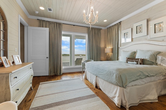 bedroom featuring wood ceiling, visible vents, wood walls, and dark wood-style flooring