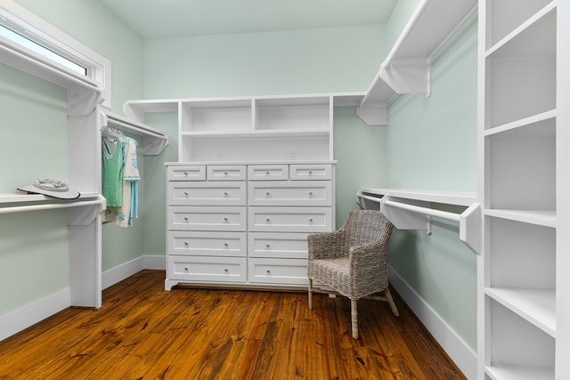 walk in closet with dark wood-type flooring