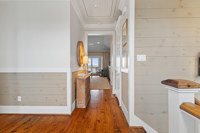 hallway featuring ornamental molding, wood walls, and wood finished floors