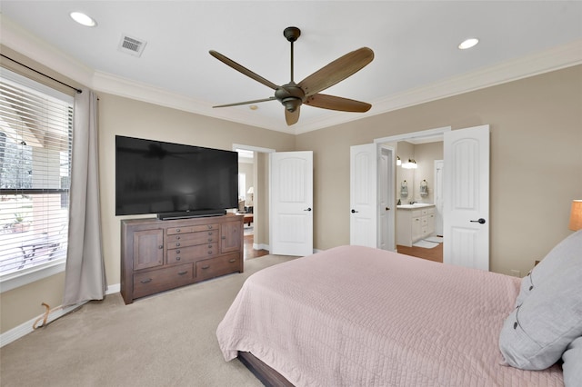 bedroom featuring carpet floors, recessed lighting, visible vents, ornamental molding, and baseboards