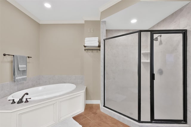 full bath with tile patterned flooring, recessed lighting, ornamental molding, a bath, and a stall shower