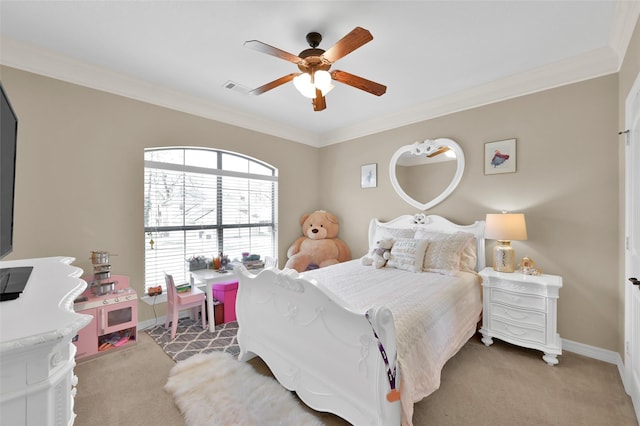 bedroom featuring light carpet, crown molding, visible vents, and baseboards