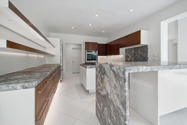 kitchen with open shelves, light tile patterned floors, recessed lighting, backsplash, and appliances with stainless steel finishes