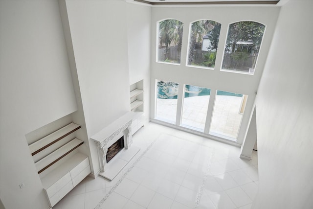 living room featuring a high ceiling and a premium fireplace