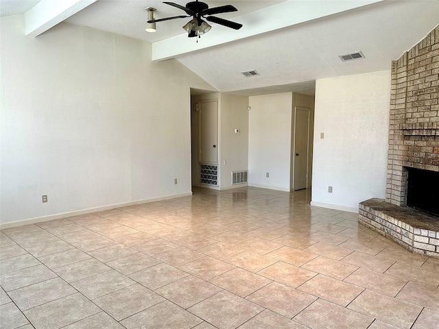 unfurnished living room featuring a brick fireplace, visible vents, and a ceiling fan