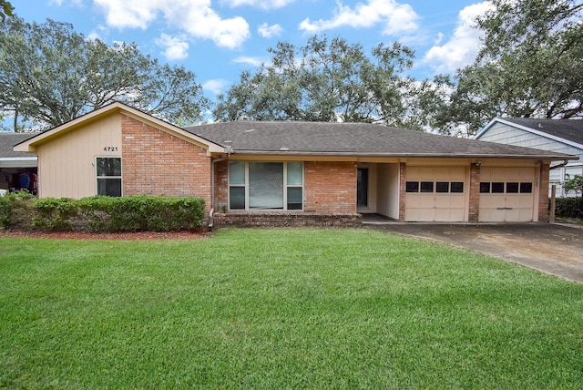 ranch-style house with brick siding, roof with shingles, a front yard, a garage, and driveway