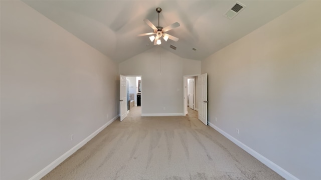 unfurnished bedroom featuring high vaulted ceiling, baseboards, visible vents, and light colored carpet