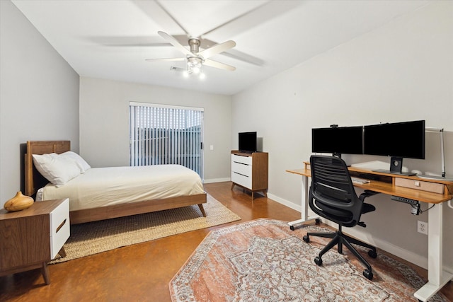 bedroom featuring access to exterior, a ceiling fan, and baseboards