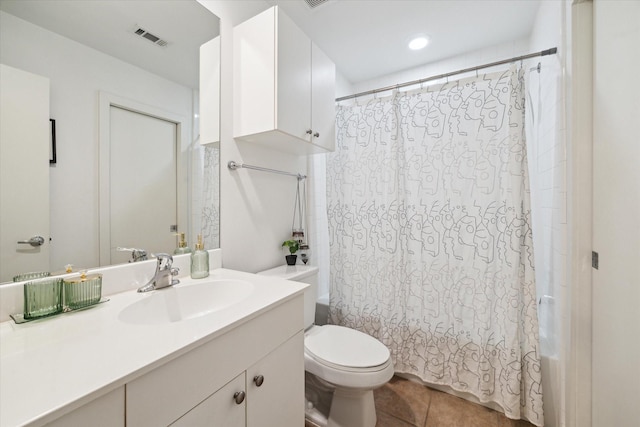 full bath featuring visible vents, shower / bathtub combination with curtain, toilet, vanity, and tile patterned flooring