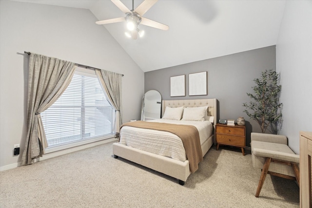 carpeted bedroom featuring ceiling fan, high vaulted ceiling, and baseboards