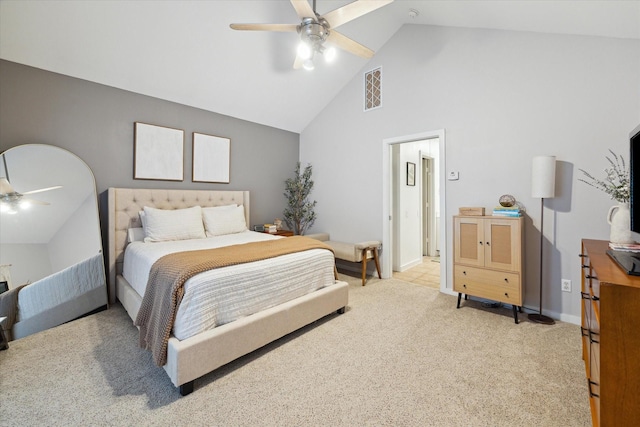 carpeted bedroom with high vaulted ceiling, visible vents, ceiling fan, and baseboards