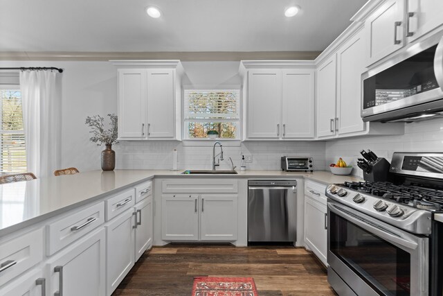 kitchen with stainless steel appliances, dark wood-style flooring, a sink, white cabinetry, and light countertops