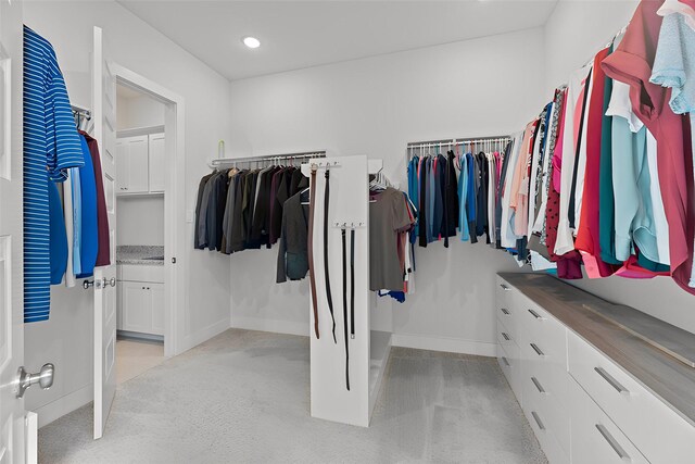 spacious closet featuring light carpet