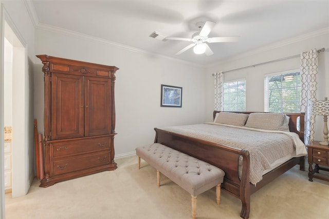 bedroom featuring light colored carpet, visible vents, ornamental molding, a ceiling fan, and baseboards