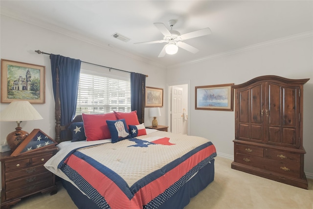 bedroom with ornamental molding, visible vents, and light colored carpet