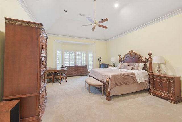 bedroom featuring light carpet, ceiling fan, visible vents, and crown molding