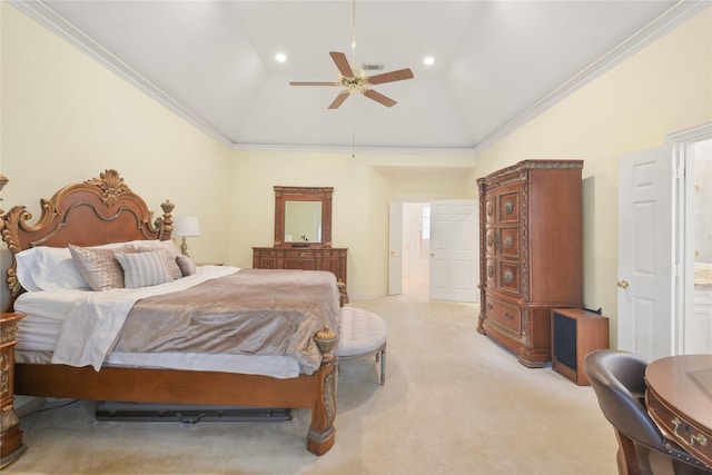 bedroom featuring recessed lighting, light colored carpet, visible vents, a ceiling fan, and ornamental molding