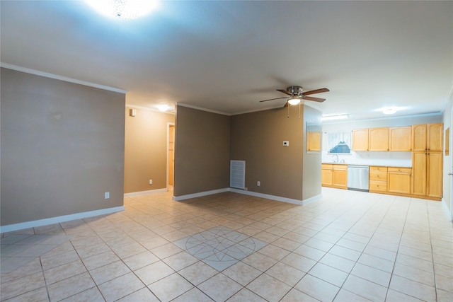 unfurnished living room with baseboards, light tile patterned flooring, a ceiling fan, and crown molding