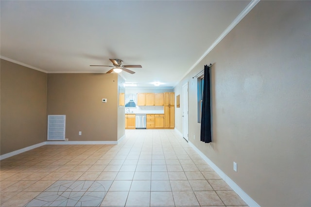 unfurnished living room featuring baseboards, visible vents, a ceiling fan, crown molding, and light tile patterned flooring