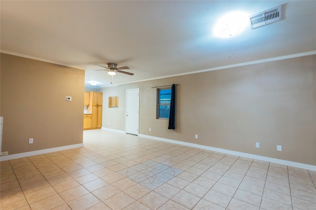 unfurnished room with light tile patterned floors, visible vents, ornamental molding, ceiling fan, and baseboards