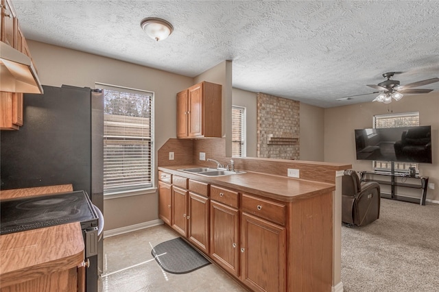2 Brown Rd, Huntsville, TX 77320 - kitchen featuring black / electric stove, a peninsula, a sink, open floor plan, and brown cabinetry