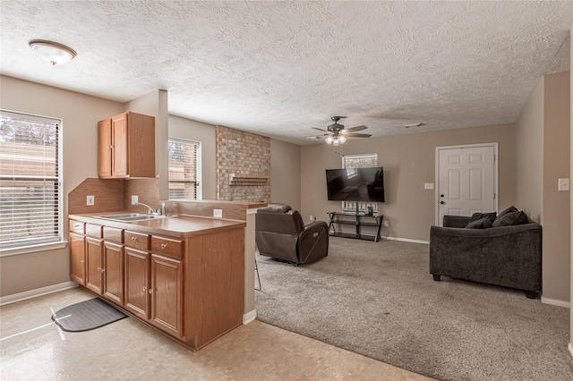 2 Brown Rd, Huntsville, TX 77320 - kitchen with open floor plan, a sink, a ceiling fan, and light colored carpet