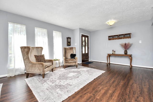 sitting room featuring a textured ceiling, dark wood-type flooring, a wealth of natural light, and baseboards