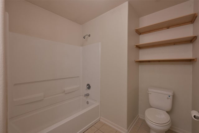 full bath with toilet, tile patterned flooring, washtub / shower combination, and baseboards