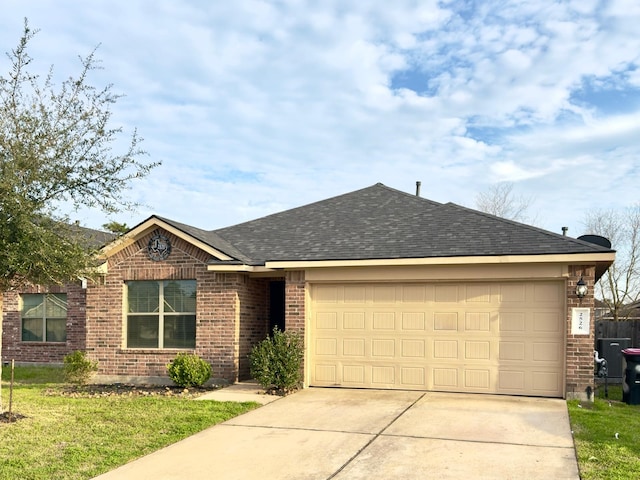 single story home featuring a shingled roof, brick siding, driveway, and an attached garage